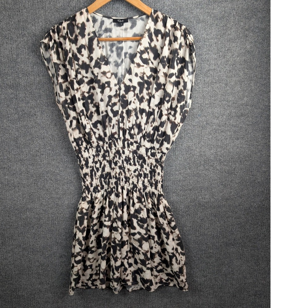 Rails Dress Siera Blurred Cheetah Smocked Waist V-Neck Rayon Small Mini Flowy